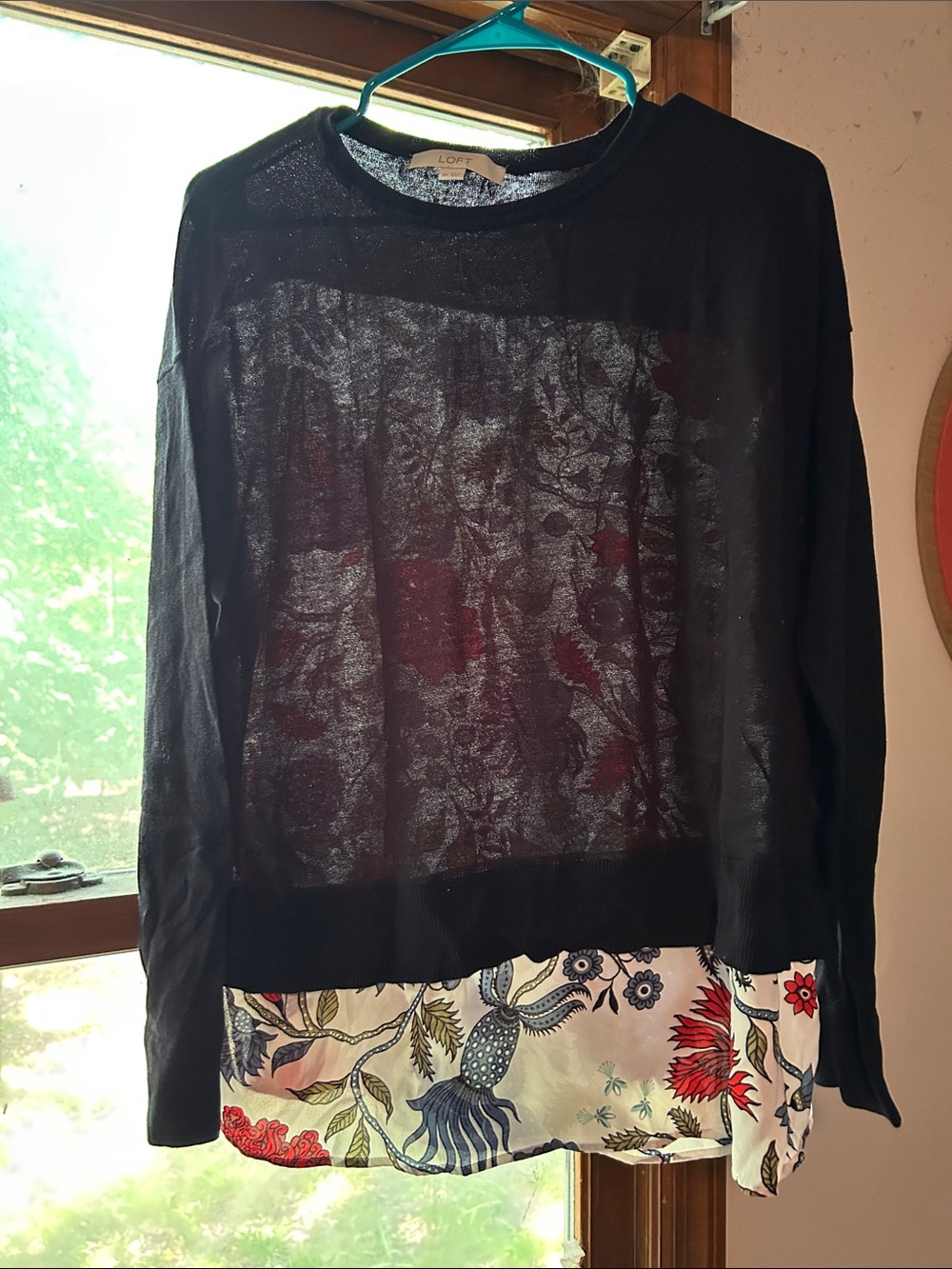 LOFT Black Sheer Layered Floral Hem Pullover